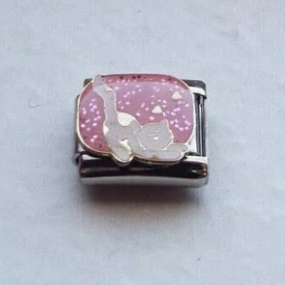 White cat on pink enamel 9mm stainless steel Italian bracelet charm link new - Picture 1 of 2